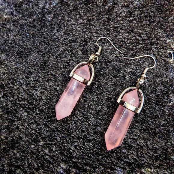 Rose Quartz Metal Earrings Bohemian Style Boho Chakra Pink Crystal Stone Dangle - Picture 2 of 3